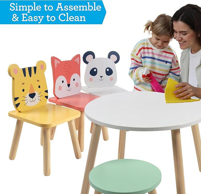 Kids Wooden Animal Table & Chair Set w 4 Seats- Tiger Panda & Fox Plus Adult Stool for Arts Crafts, Dining, Pretend Play- Durable Playroom Furniture for Home Daycare Classroom- Toddler Activity Center