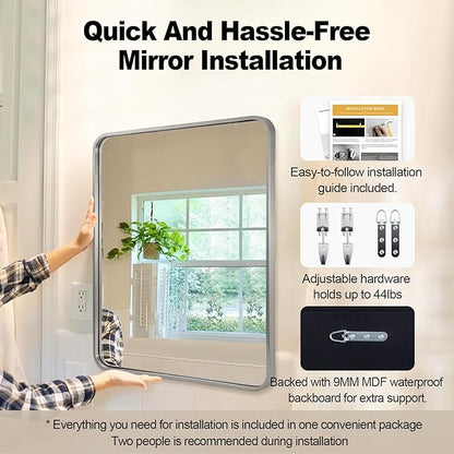 ANDY STAR Brushed Nickel Bathroom Mirror, 30x36’’ Rounded Corner Rectangle Nickel Mirror Bathroom Vanity Mirror Tube Metal Framed, SUS304-Anti-Rust Wall-Mounted Horizontal/Vertical 1’’ Deep