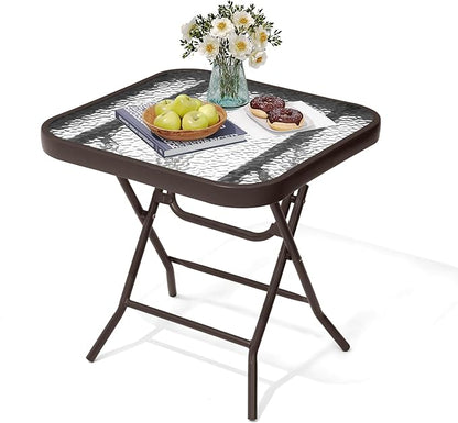 Foldable Outdoor Side Table with Tempered Glass Top Square 18" Folding Patio Side Table Small Glass End Tables for Patio Porch Yard Balcony Deck Lawn Dining Garden (Brown)