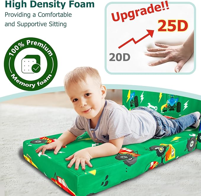 Kids Couch, 2-in-1 Kids Fold Out Sofa, Convertible Toddler Couch to Lounger for Girls and Boys, Soft Toddler Chairs Comfy 1-3 Years Old (Green Monster Truck)