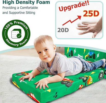 Kids Couch, 2-in-1 Kids Fold Out Sofa, Convertible Toddler Couch to Lounger for Girls and Boys, Soft Toddler Chairs Comfy 1-3 Years Old (Green Monster Truck)