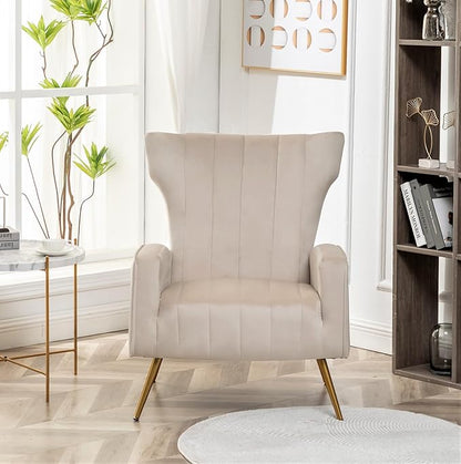 Container Furniture Direct Modern Velvet Accent Chair, Channel Tufted Bedroom, Office or Living Room Furniture with Elegant Metal Legs, 26" Wide Armchair, Beige