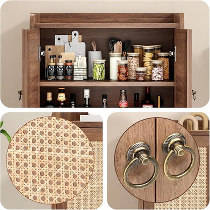 Buffet Cabinet, Rattan Storage Cabinet with Round Pull Rings, Sideboard with Ample Storage, Bar Liquor Shelf with 2 Doors for Living Room, Hallway, Light Brown