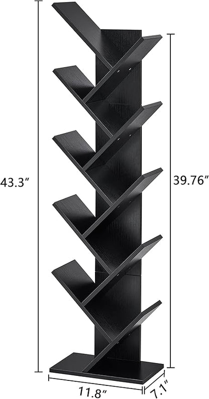 Hoctieon 10 Tier Tree Bookshelf, 10 Shelf Bookcase, Free Standing Tree Bookcase, Display Floor Standing Shelf for Books, Book Organizer Shelves for Home Office, Living Room, Bedroom, Black