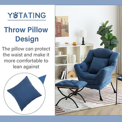 Lazy Chair with Ottoman, Comfy Reading Chair with Footstool & Pillow Modern Lounge Chair with Armrests & Side Pocket for Living Room, Bedroom, Dorm Room，Royal Blue