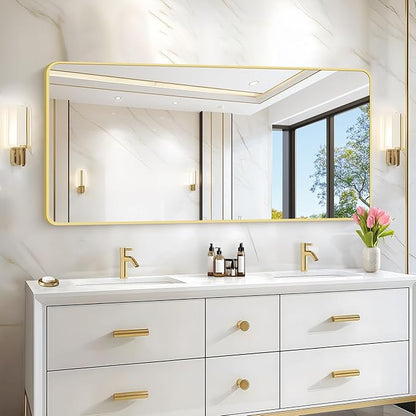 30"x60" Gold Bathroom Mirror, Large Rectangle Mirror, Rectangular Wall Mirror, Rounded Corner Vanity Mirror with Aluminum Metal Frame for Bathroom Bedroom Living Room