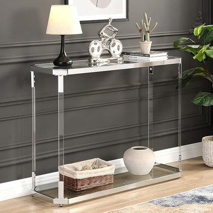 Glass Coffee Table, Clear Coffee Table with 2 Tiers, Acrylic Leg, Chrome Frame, Rectangular Center Table for Living Room (AST2017)