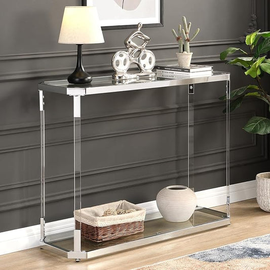Glass Coffee Table, Clear Coffee Table with 2 Tiers, Acrylic Leg, Chrome Frame, Rectangular Center Table for Living Room (AST2017)