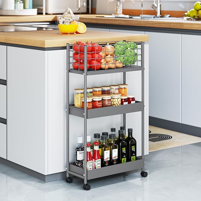 KINGRACK Slim Storage Rolling Cart, 3-Tier Metal Utility Cart with Wheels, Rolling Storage Cart, Skinny Storage Rolling Cart, Storage Trolley Cart for Office Kitchen Bathroom Narrow Place, Grey