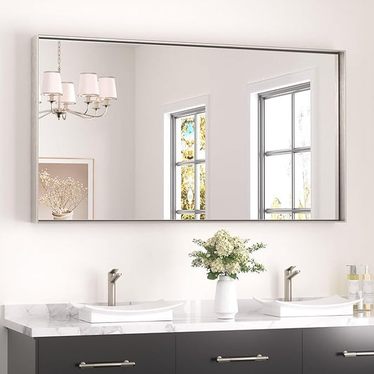 Keonjinn 55 x 30 In Brushed Nickel Bathroom Mirror for Wall, Rectangular Metal Framed Large Silver Vanity Mirror for Over Sink Square Corner Aluminum Alloy Modern Rectangle Mirror(Horizontal/Vertical)