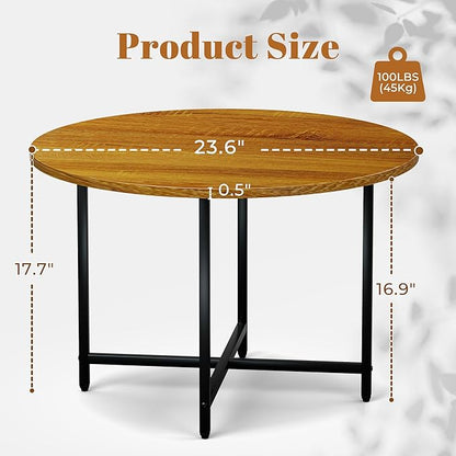 Round Coffee Table, Small Coffee Tables for Living Room, Wood Coffee Table with Metal Frame, Floor Table Desk for Sitting on The Floor, Home, Office, Farmhouse, Honey Brown (23.6"D x 17.7"H)