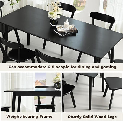 DELAVIN 70.8" Large Solid Wood Dining Table for 6-8 People, Mid Century Modern Rectangular Oak Kitchen Table, Farmhouse Dining Room Table, Easy Assembly, Black