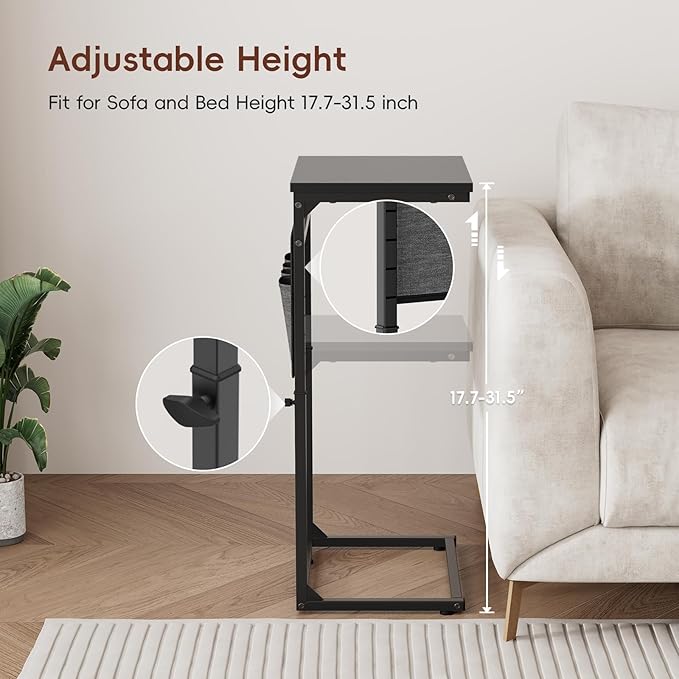 Vagusicc C Shaped End Table, Set of 2 Tall Side Table for Couch, Adjustable Height Small Couch Side Table for Small Spaces, End Table Slide Under Sofa Table TV Tray Arm Table for Living Room, Black