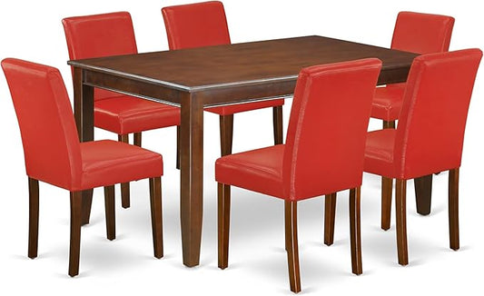 East West Furniture DUAB7-MAH-72 7 Piece Dining Set Consist of a Rectangle Dining Room Table and 6 Firebrick Red Faux Leather Upholstered Parson Chairs, 36x60 Inch, Mahogany