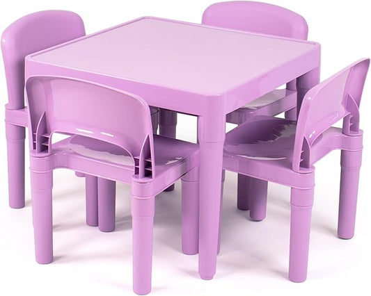 Humble Crew Kids Plastic Table and 4 Chairs Set, Purple Square Table with Lightweight Chairs, Toddler Playroom Activity Furniture for Ages 3-6, Easy Snap-Together Assembly