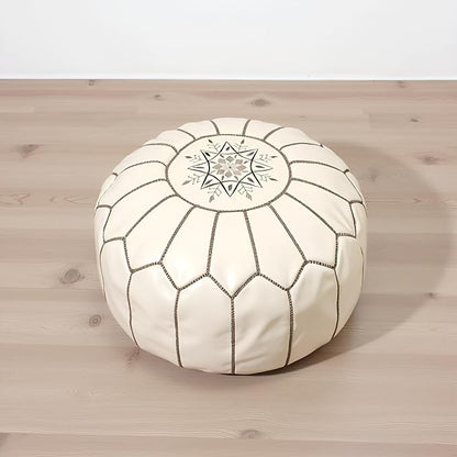 Stuffed Round Design Moroccan Leather Pouf Ottoman, Handmade, Pre-Filled, 100% Genuine Leather, 13” Height x 20” Diameter, Footstool & Living Room Décor (White with Grey Stitches)