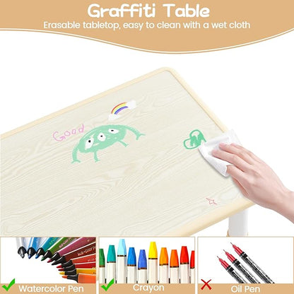 GarveeHome Toddler Table and 4 Chairs Set with Graffiti Desktop, Height Adjustable Kids Table and Chairs Set with Storage, Non-Slip Legs, Kids Activity Table for Home, Nursery, for Age 2-10
