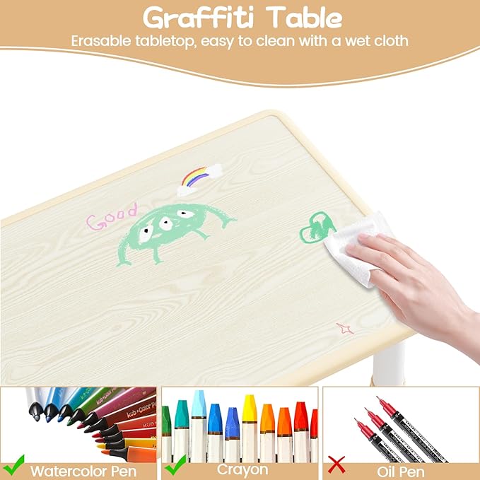GarveeHome Kids Table and 2 Chairs Set, Height Adjustable Toddler Table and Chair Set for 2, Graffiti Desktop, Non-Slip Design, Children Table for Home Daycare Preschool for Ages 2-8, Beige