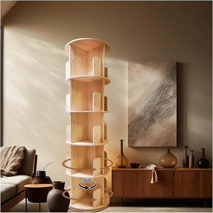 Rotating Bookshelf,360 Display Round 5 Tier Floor Standing Bookcase Storage Rack,Wood Spinning Bookshelf Tower for Bedroom,Living Room
