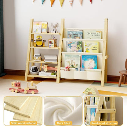 Toy Storage Organizer with Kids Bookshelf, Montessori Wooden Toy Organizer Book Shelf for Kids Rooms, Nursery, Playroom, Child, Baby, Toddler Bookcase, Toys Rack Fabric Sling Book Shelves