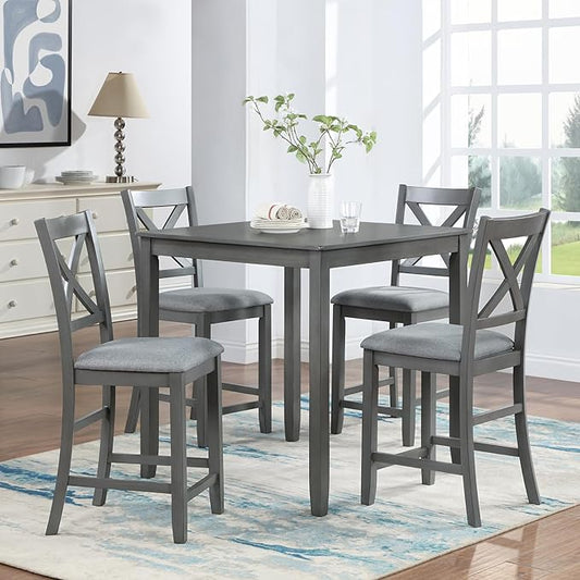 KEIKI 5-Piece Counter Height Dining Table Set with Square Table and 4 Upholstered X-Shaped Backrset Chair, for 4 Person, Modern Style Wooden Table Set, Easy Assembly, for Kitchen, Dining Room, Gray