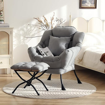 Lazy Chair with Ottoman, Modern Large Accent Lounge Chair with a Pillow, Leisure Sofa Armchair with Ottoman, Reading Chair with Footrest for Bedroom, Living Room, Dorm Room,Peach Light Gray