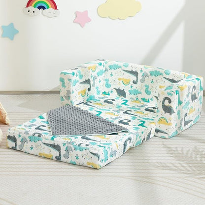 ALIMORDEN Fold Out Toddler Couch, Extra Wide Comfy 2-in-1 Cuddly Sherpa Sofa for Kids, with Removable Baby Friendly Blanket, Convertible Sofa to Bed, Dinosaur