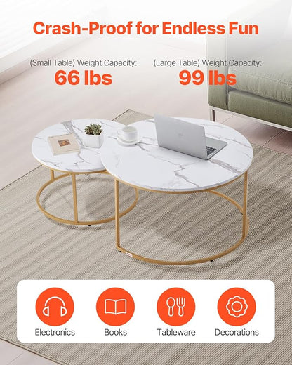 VEVOR Nesting Tables, Coffee Table Set of 2, 31.5 inch Round Coffee Table, Small Coffee Tables Night Stand with Metal Frame, for Living Room, Bedroom, Office (White & Gold)