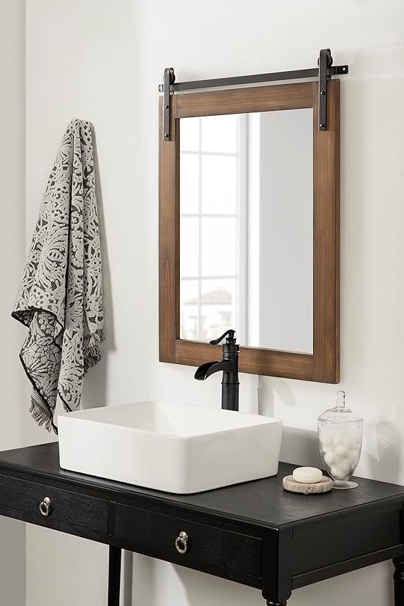 Kate and Laurel Cates Refined Decorative Framed Wall Mirror; 24 x 30; Walnut Brown; Farmhouse Barn Door-Inspired Wall Decor with Substantial Frame and Modern Charm