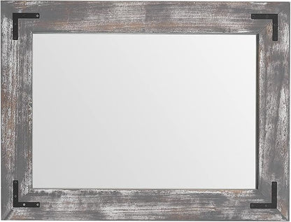 YOSHOOT Rustic Wooden Framed Wall Mirror, 40"x30", Natural Wood Bathroom Vanity Mirror for Farmhouse Decor, Vertical or Horizontal Hanging