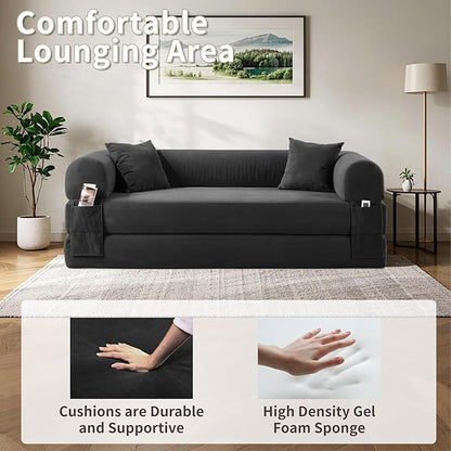 80" Convertible Sofa Bed, Corduroy Deep Seat Folding Pull Out Couch with Pillows, No Assembly Modern Boneless Couch Compression Sofa in Box, Floor Sofa with Storage Pocket for Living Room,Dark Grey