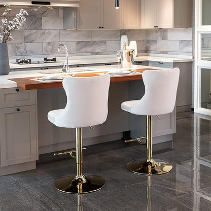 PacknWood Acosure Golden Swivel Velvet Barstools Adjusatble Seat Height from 25-33" with Comfortable Tufted,Modern Upholstered Chrome Base Bar Chairs,for Home Pub Kitchen,Beige,Set of 2