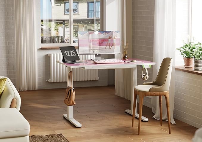 INNOVAR Glass Standing Desk with Drawers, Adjustable Height Electric Stand Up Desk, Small Standing Desks with Storage, 40 inch, Morandi Powder