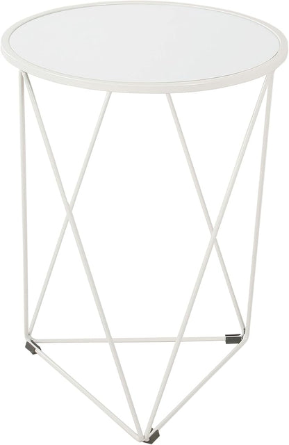 HomePop Metal Accent Table Triangle Base Round Mirror Top, White 18.24D x 24W x 18H in