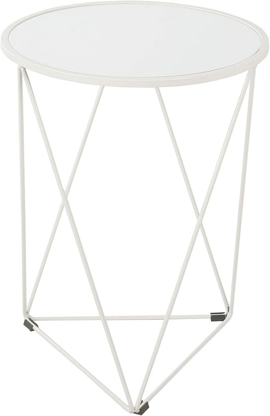 HomePop Metal Accent Table Triangle Base Round Mirror Top, White 18.24D x 24W x 18H in