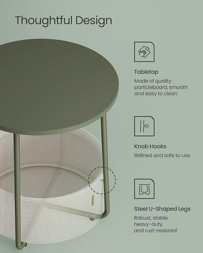 VASAGLE Small Round Side End Table, Modern Nightstand with Fabric Basket, Forest Green and Cream White ULET223C80