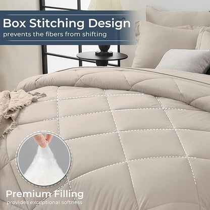HEVUMYI Beige Tan Cali-King Comforter Set - 7-Piece All Season Bed in a Bag Cali-King, Ultra Soft Bedding Set with Comforter, Flat Sheet, Fitted Sheet, Pillowcases, Pillow Shams, Beige Tan