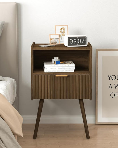 Nightstand,Modern Bedside Table with Storage Drawer and Open Wood Shelf, for Living Room, Bedroom and Small Spaces, Accent Night Stand with Solid Wood Legs, Easy Assembly,Walnut Brown