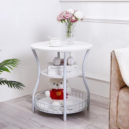 Round End Table, 3-Tier Side Table with Storage, Accent Corner Sofa Beside Table for Small Spaces,Steel Frame Nightstand for Living Room, Bedroom, Small Coffee Table,White