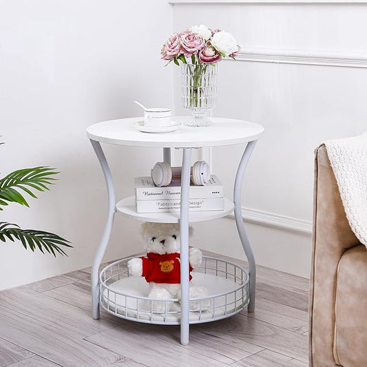 Round End Table, 3-Tier Side Table with Storage, Accent Corner Sofa Beside Table for Small Spaces,Steel Frame Nightstand for Living Room, Bedroom, Small Coffee Table,White