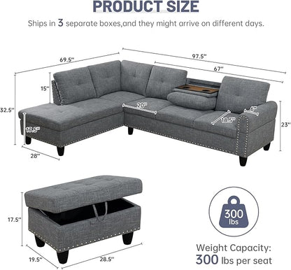 L Shaped Modular Sectional Sofa with Reversible Chaise Lounge, 5-Seater Corner Couch, Linen Upholstery Convertible Sofá w/Movable Ottoman, Cup Holders, 2 Pillows and Rivet Ornament for Living Room
