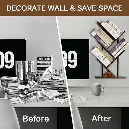 5 Tier Tree Bookshelf Floating Book Shelves for Wall Mount, Wooden Hanging Shelves Storage for Displaying Books/CDs/Magazine, Unique Wall Bookcase Organizer Shelves for Home, Office, Living Room