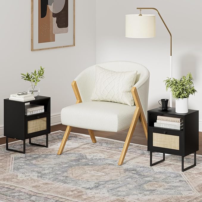 Masupu Rattan Nightstand,Modern Boho Farmhouse Wood Bedside Table with Storage Drawer and Open Shelf,Small Black Frame Side End Table for Bedroom,Living Room,Office (Black)