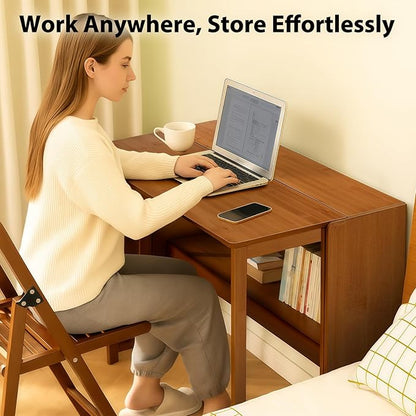 39.37" Bamboo Folding Desk,Space-Saving Computer Desk for Small Spaces, Foldable Study Table for Bedroom, Home Office, Dorm, Apartment (Brown)