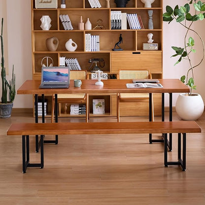 Solid Wood Administrative Desk, Dining Table with Durable Metal Legs, Uniquely Designed Leisure Table, Perfect for Restaurants and Home Offices, (Wood Brown, 62.99in)