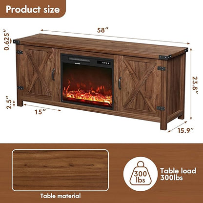 YESHOMY Fireplace TV Stand with Two Barn Doors and Storage Cabinets for Televisions up to 65+ Inch, Entertainment Center Console Table, Media Furniture for Living Room, 58 Inch, Walnut