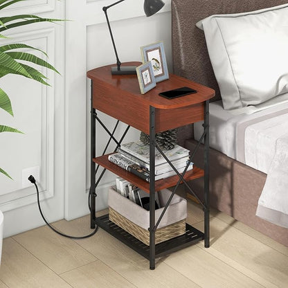Narrow Side Table with Charging Station, End Tables Set of 2 for Small Spaces, Flip Top End Table with Storage, Side Tables Set 2 Living Room, Nightstand with Drawer for Bedroom, Cherry