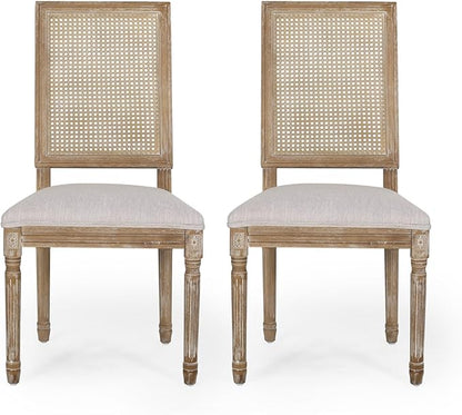 Merax Upholstered Solid Wood Dining Chairs Set of 2, French Country Style Accent Side Seating Furniture for Kitchen, Living Room, Wicker Back, Light Grey