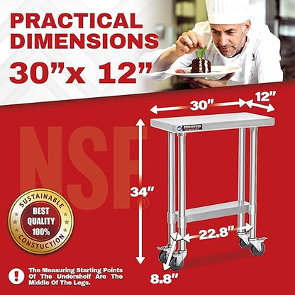 DuraSteel 30x12 NSF Stainless Steel Cart - Heavy Duty Rolling Food Prep Table with Undershelf - Metal Utility Cart for Commercial Restaurant Kitchen, Laundry, Side Mixer Stand