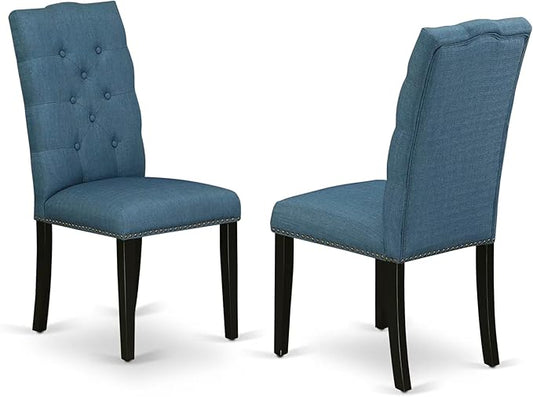 East West Furniture ELP1T21 Elsa Parson Kitchen Chairs - Button Tufted Nailhead Trim Blue Linen Fabric Upholstered Dining Chairs, Set of 2, Black